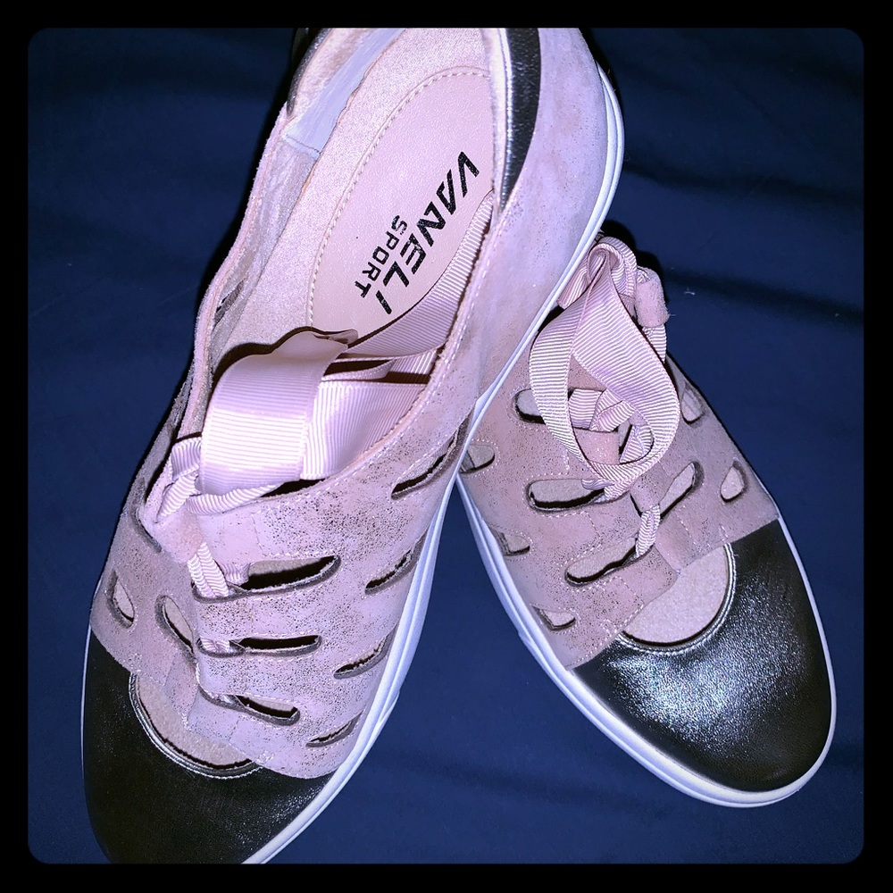 Rose Gold Vanelli lace up sneakers.